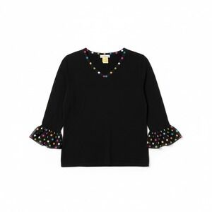 Eric Spencer Black V-Neck Sweater, Women's Medium, Polka Dot Trim Ruffle Cuff‎